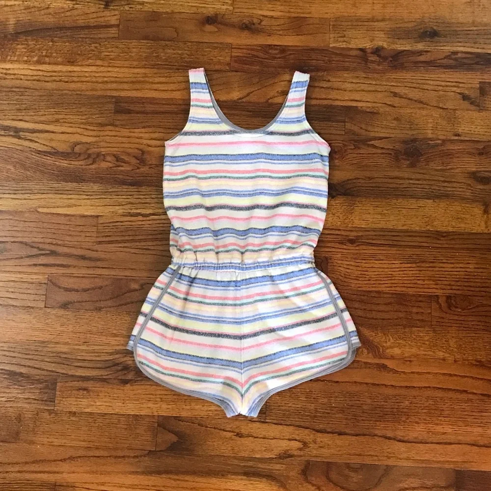 Justice 1 Pc Multicolor Stripe Shorts Romper Happy Rainbow Chill Ice Cream Pocke